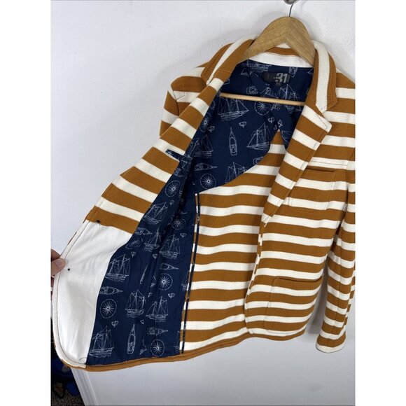 Le 31 Nautical Stripe Knit Cotton Blazer Brown White Men Small Cardigan Preppy - Picture 8 of 8